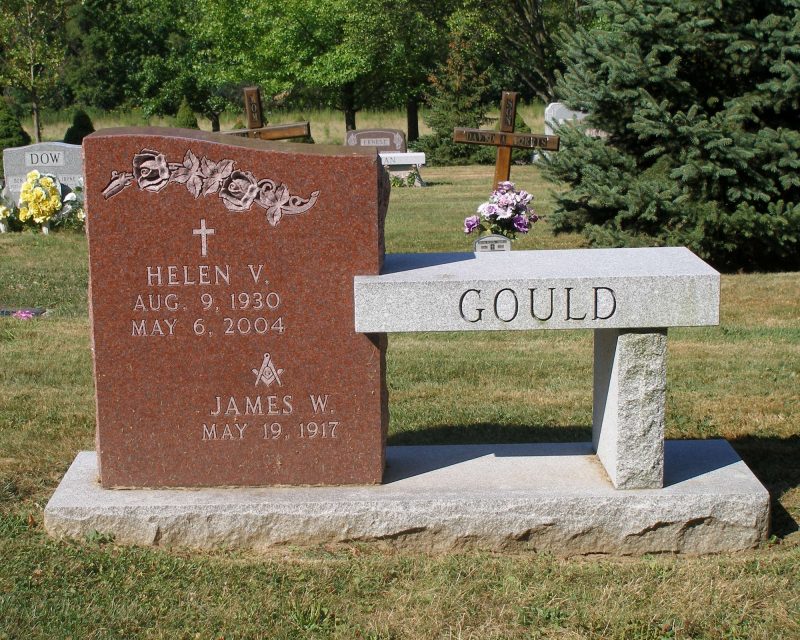 Gould Red and Gray Granite Bench with Roses for Cemetery Lot