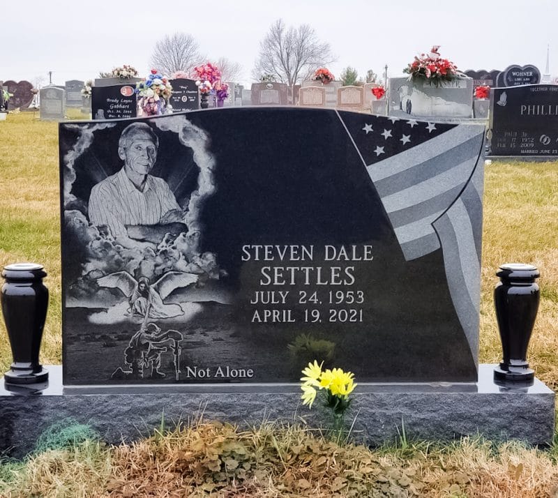Settles Black Granite Headstone with Angel and Soldier Etchings