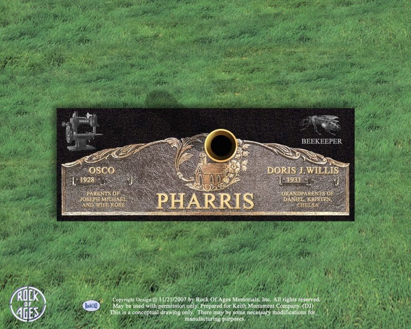 Pharris Custom Bronze Flat Markers Shape with Chapel and Beekeeper