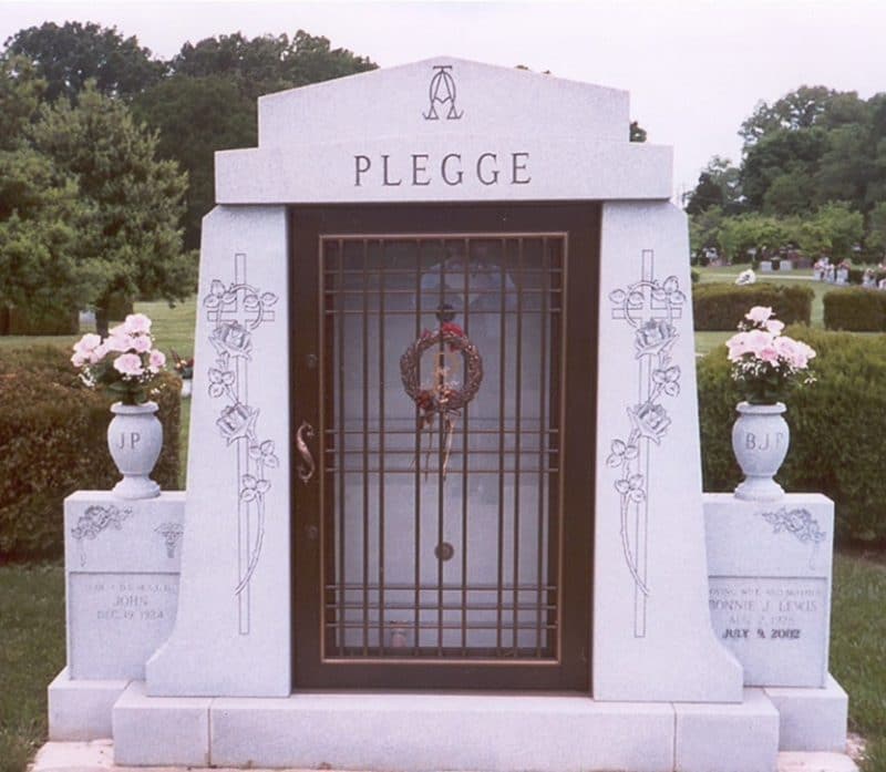Plegge Gray Two Person Mausoleum with Initial Vases